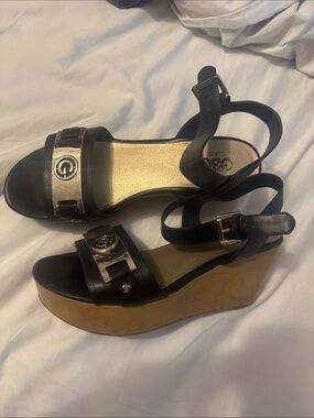 Guess Black Leather Wedge Sandals with Gold Accent